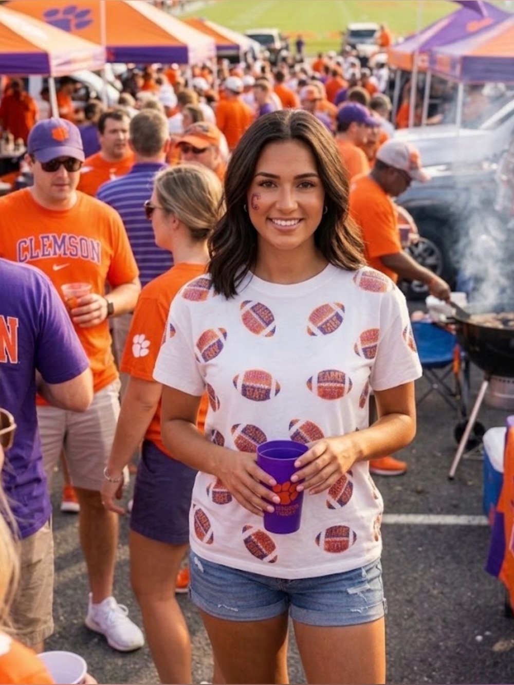 New! QUEEN OF SPARKLES Sequin Orange and Purple Game Day Football Tee